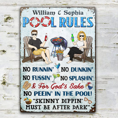 Pool Rules Grilling No Running No Splashing No Dunking Couple Husband Wife - Backyard Sign - Personalized Custom Classic Metal Signs