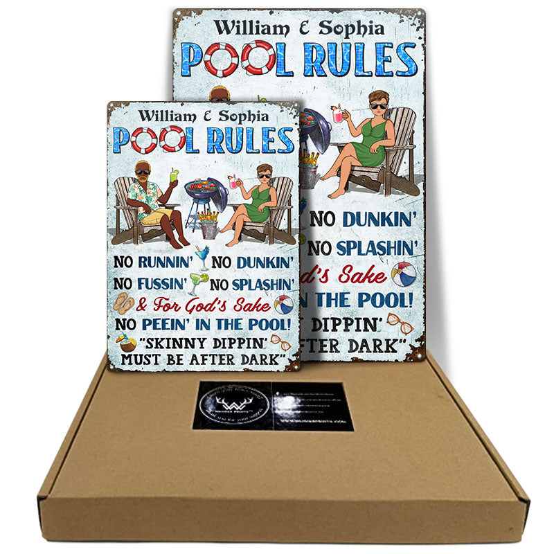 Pool Rules Grilling No Running No Splashing No Dunking Couple Husband Wife - Backyard Sign - Personalized Custom Classic Metal Signs