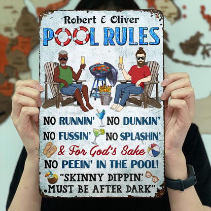 Pool Rules Grilling No Running No Splashing No Dunking Couple Husband Wife - Backyard Sign - Personalized Custom Classic Metal Signs