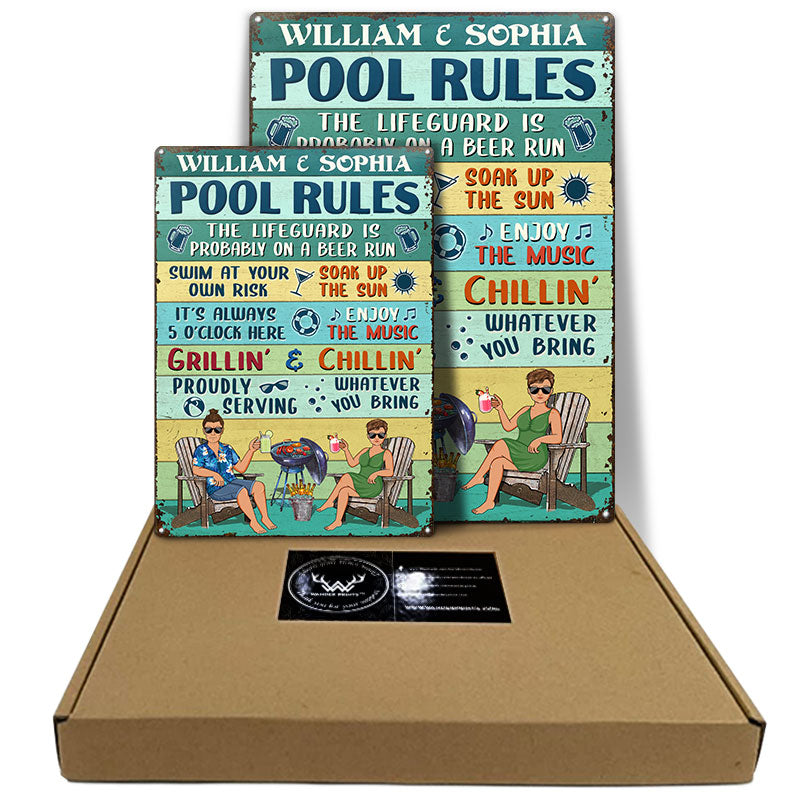 Pool Rules Swim At Your Own Risk Grilling Couple Husband Wife Vintage - Backyard Sign - Personalized Custom Classic Metal Signs