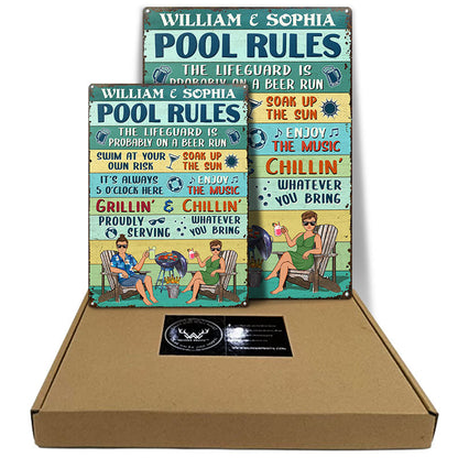 Pool Rules Swim At Your Own Risk Grilling Couple Husband Wife Vintage - Backyard Sign - Personalized Custom Classic Metal Signs