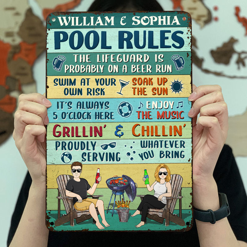 Pool Rules Swim At Your Own Risk Grilling Couple Husband Wife Vintage - Backyard Sign - Personalized Custom Classic Metal Signs