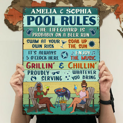 Pool Rules Swim At Your Own Risk Grilling Couple Husband Wife Vintage - Backyard Sign - Personalized Custom Classic Metal Signs