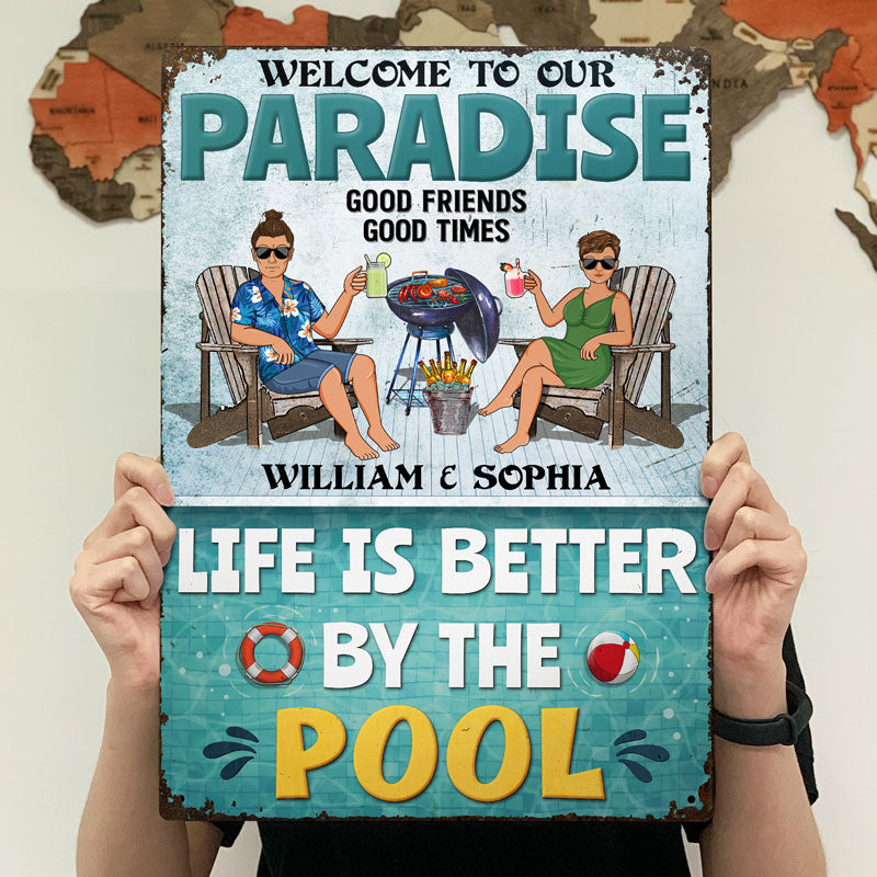 Poolside Grilling Where The Neighbors Listen To Good Music Couple Husband Wife - Backyard Sign - Personalized Custom Classic Metal Signs