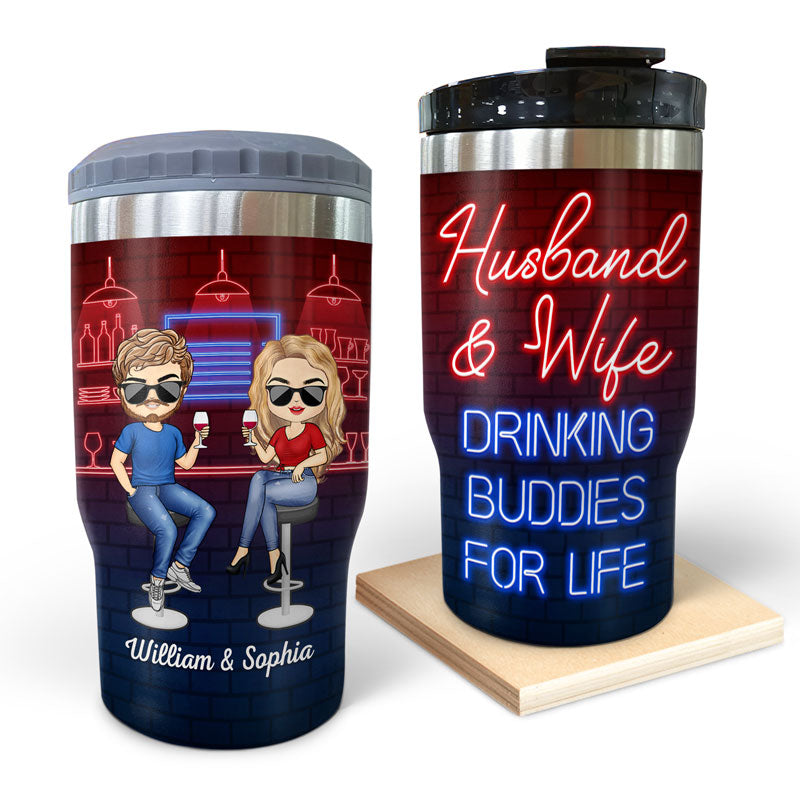 Husband & Wife Drinking Buddies For Life Bar - Couple Gift - Personalized Custom Triple 3 In 1 Can Cooler