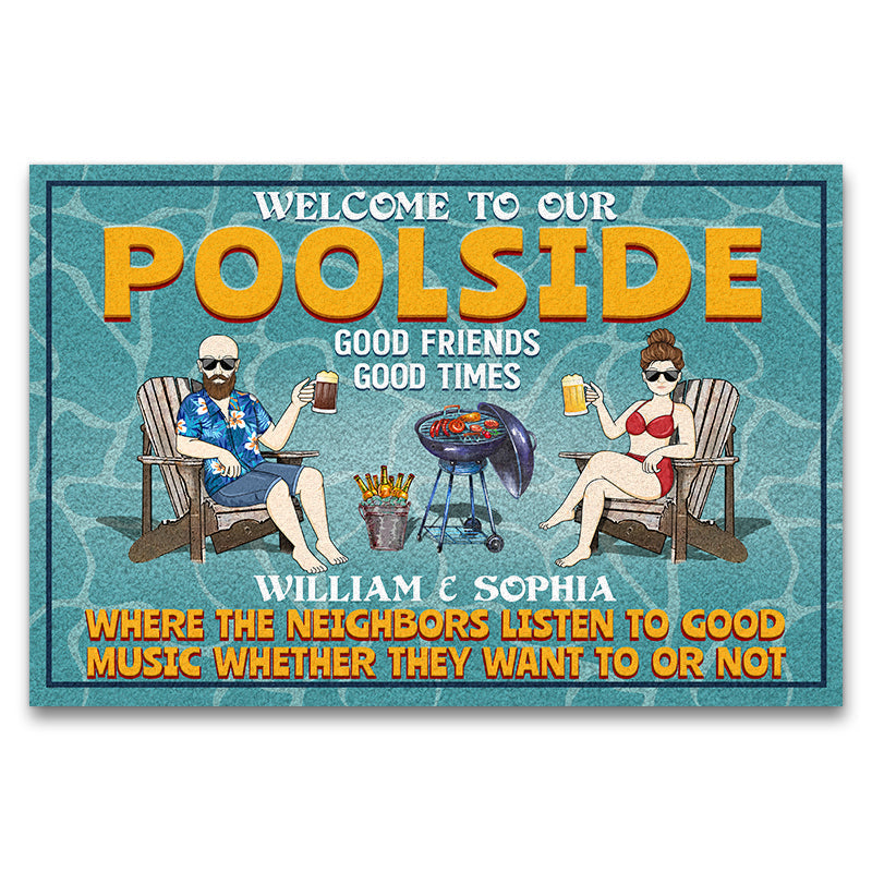 Poolside Grilling Listen To Good Music Couple Husband Wife - Personalized Custom Doormat