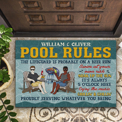 Pool Rules Swim At Your Own Risk Grilling Couple Husband Wife - Personalized Custom Doormat