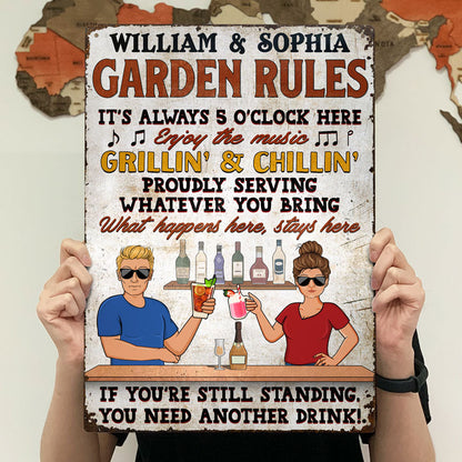 Bar Rules What Happens Here Stays Here Grilling Patio Couple Husband Wife - Backyard Sign - Personalized Custom Classic Metal Signs