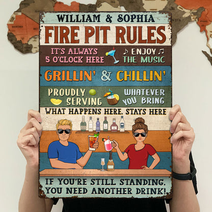 Bar Rules What Happens Here Stays Here Grilling Patio Couple Husband Wife Vintage - Backyard Sign - Personalized Custom Classic Metal Signs