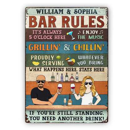 Bar Rules What Happens Here Stays Here Grilling Patio Couple Husband Wife Vintage - Backyard Sign - Personalized Custom Classic Metal Signs