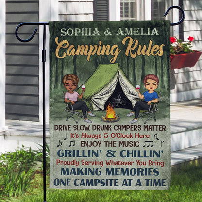 Camping Rules Drive Slow Drunk Campers Matter Chibi Couple - Camping Gift - Personalized Custom Flag