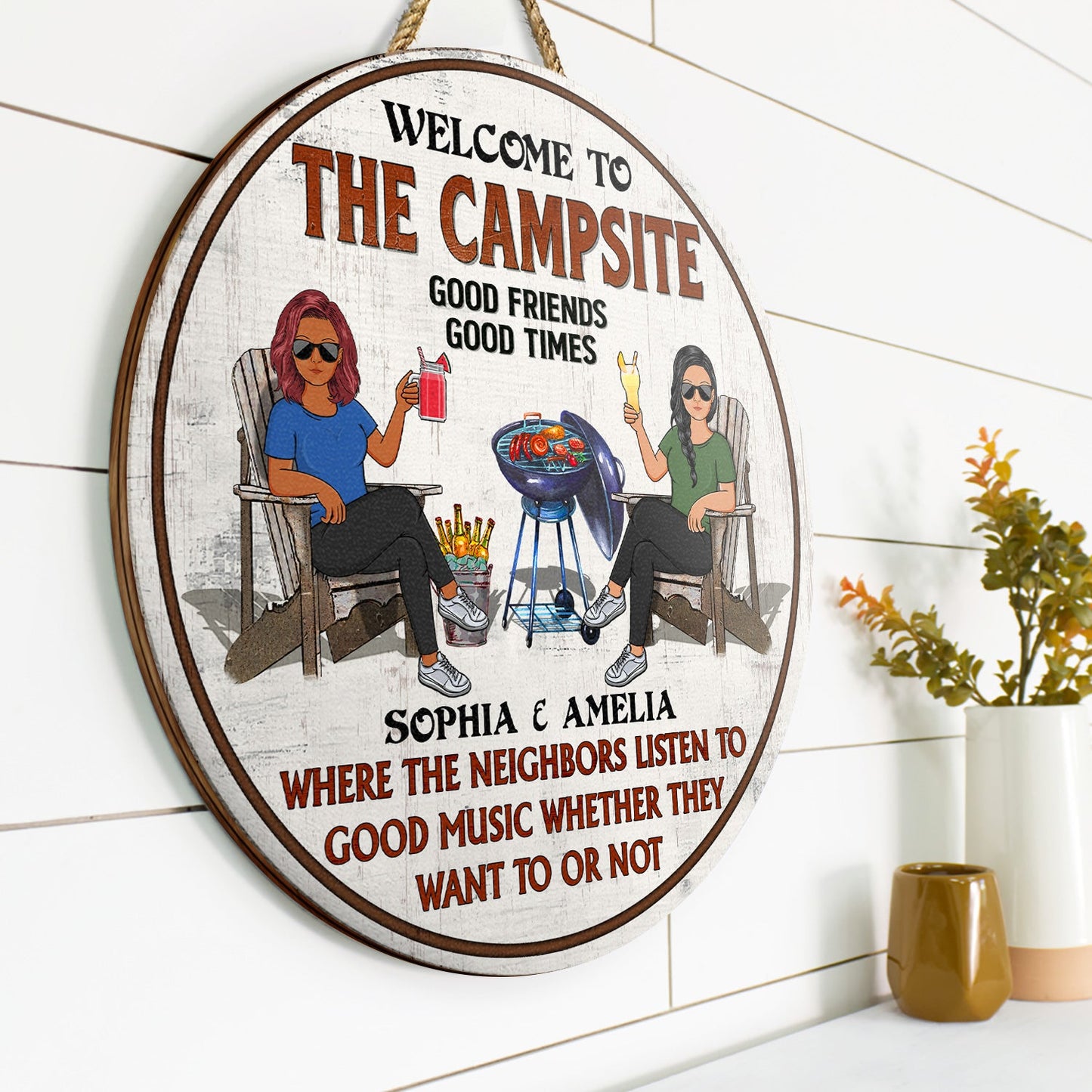 Patio Grilling Listen To Good Music Couple Husband Wife - Backyard Sign - Personalized Custom Wood Circle Sign