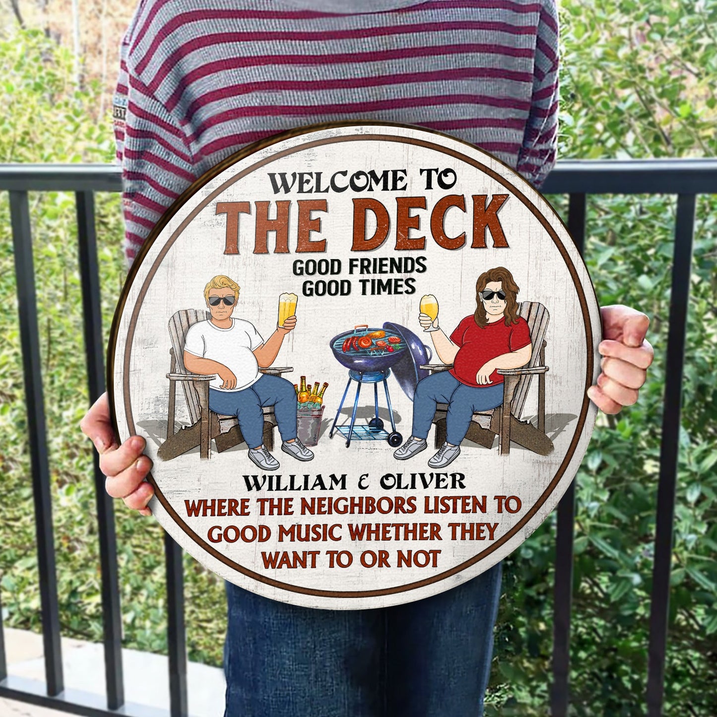 Patio Grilling Listen To Good Music Couple Husband Wife - Backyard Sign - Personalized Custom Wood Circle Sign