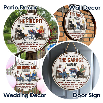 Patio Grilling Listen To Good Music Couple Husband Wife - Backyard Sign - Personalized Custom Wood Circle Sign