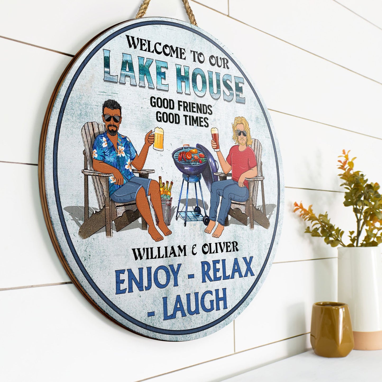 Poolside Grilling Listen To Good Music Couple Husband Wife - Backyard Sign - Personalized Custom Wood Circle Sign