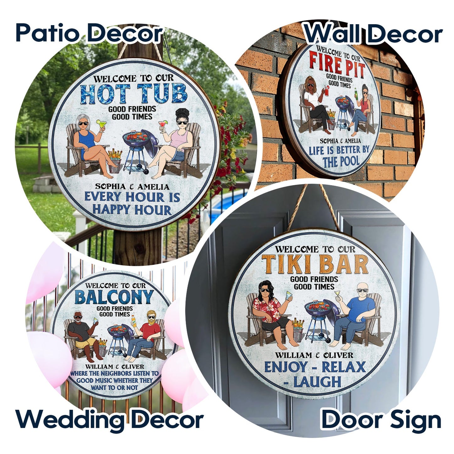 Poolside Grilling Listen To Good Music Couple Husband Wife - Backyard Sign - Personalized Custom Wood Circle Sign