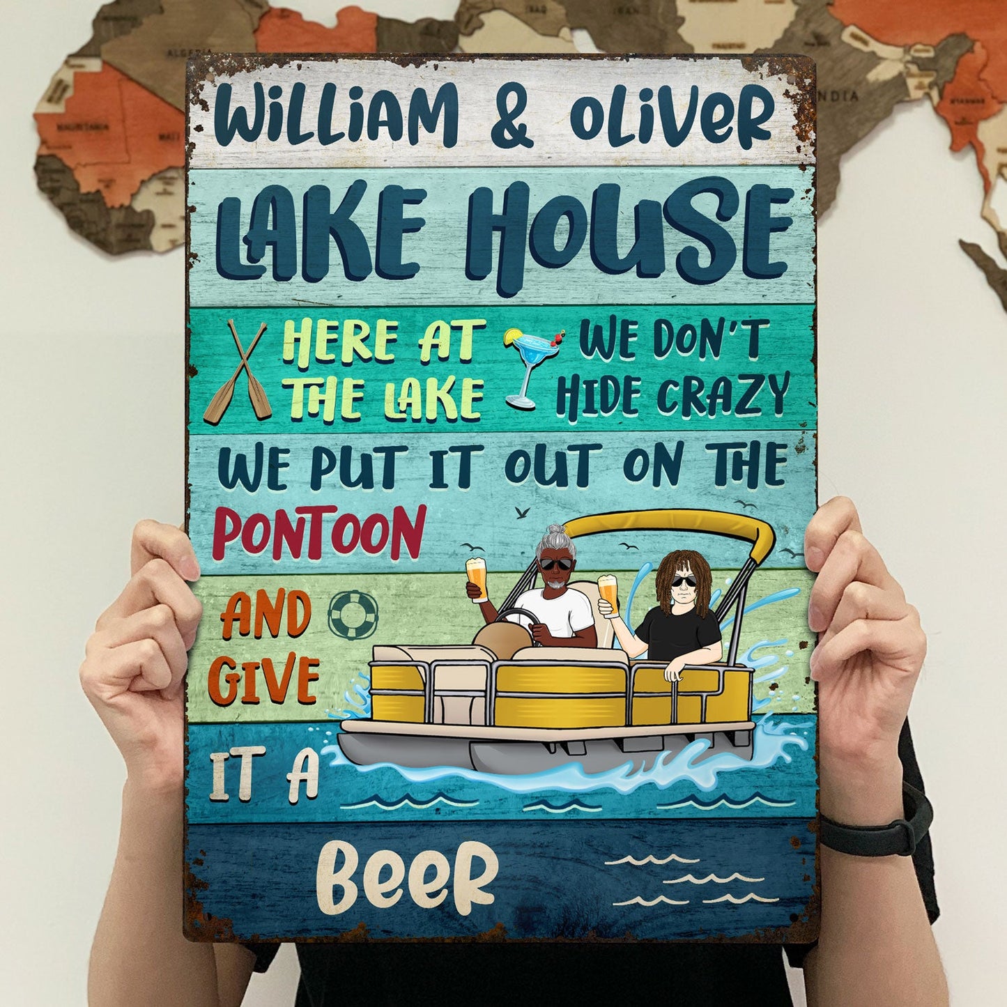 Here At The Lake We Don't Hide Crazy Pontoon - Home Decor, Backyard Decor, Lake House Sign, Gift For Her, Him, Family, Couples, Husband, Wife - Personalized Custom Classic Metal Signs