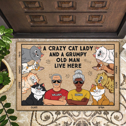 A Crazy Cat Lady And A Grumpy Old Man Live Here Funny Cartoon Cat - Gift For Cat Lovers, Couples - Personalized Doormat