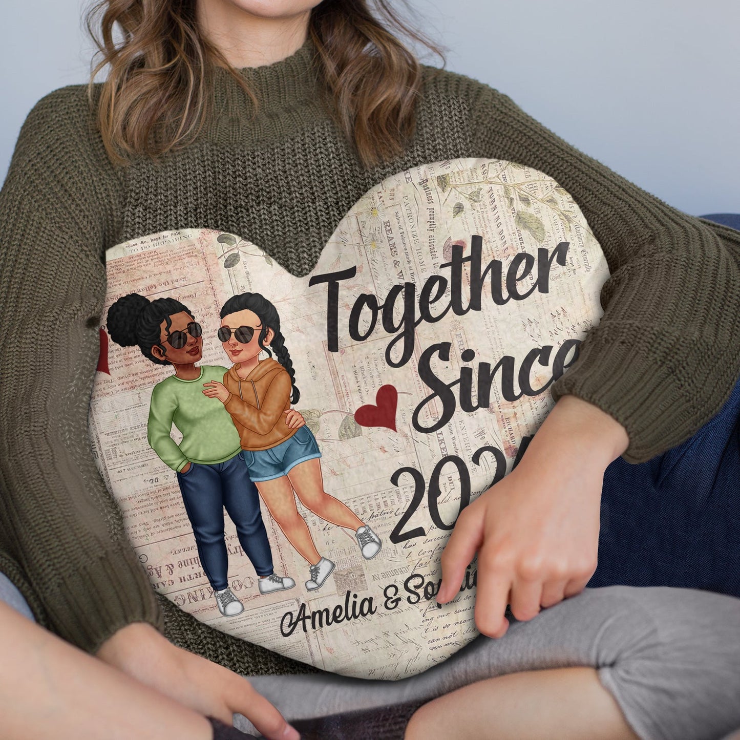 Together Since Arm In Arm - Loving, Anniversary Gift For Couples, Husband, Wife - Personalized Heart Shaped Pillow