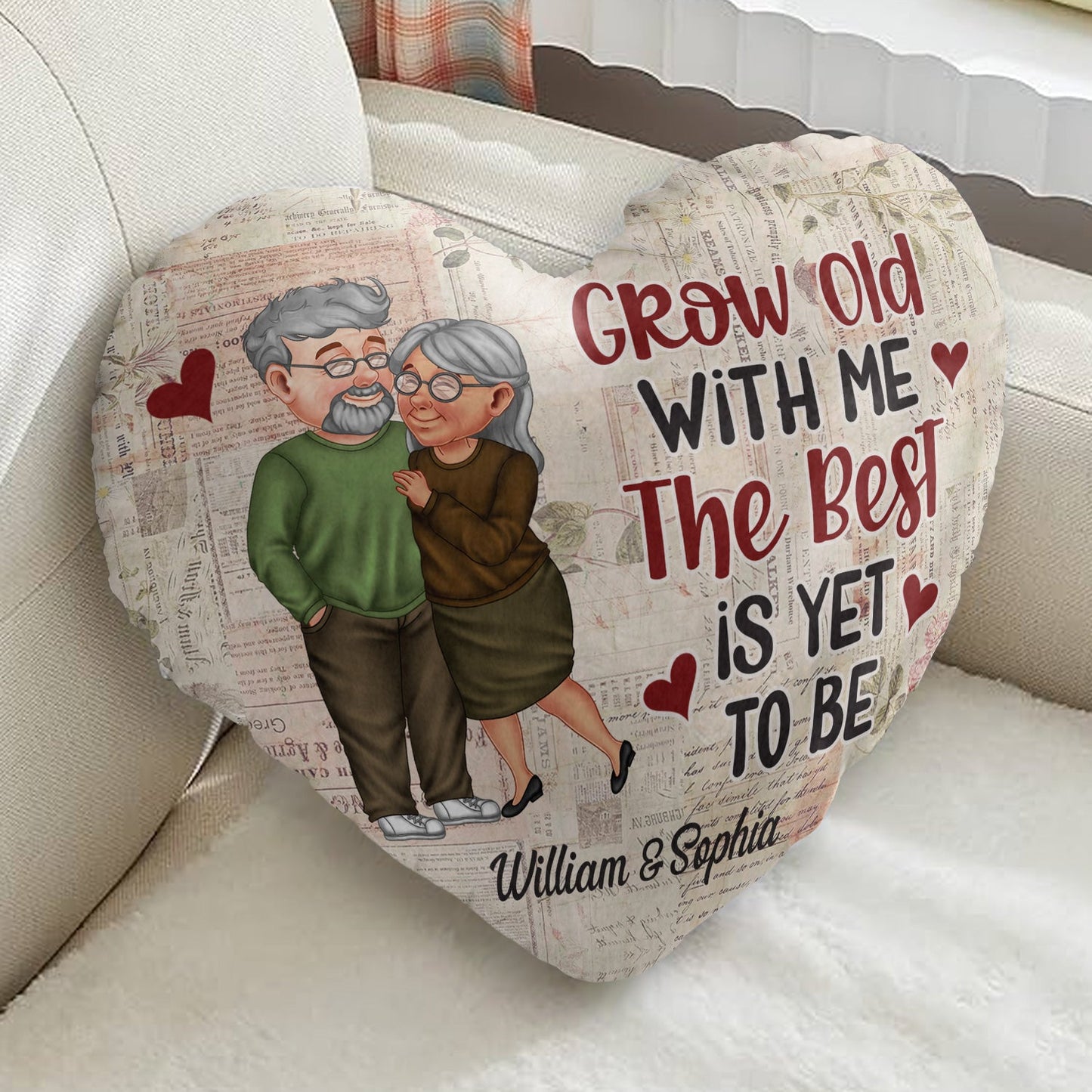 Grow Old With Me Arm In Arm - Loving, Anniversary Gift For Couples, Husband, Wife - Personalized Heart Shaped Pillow