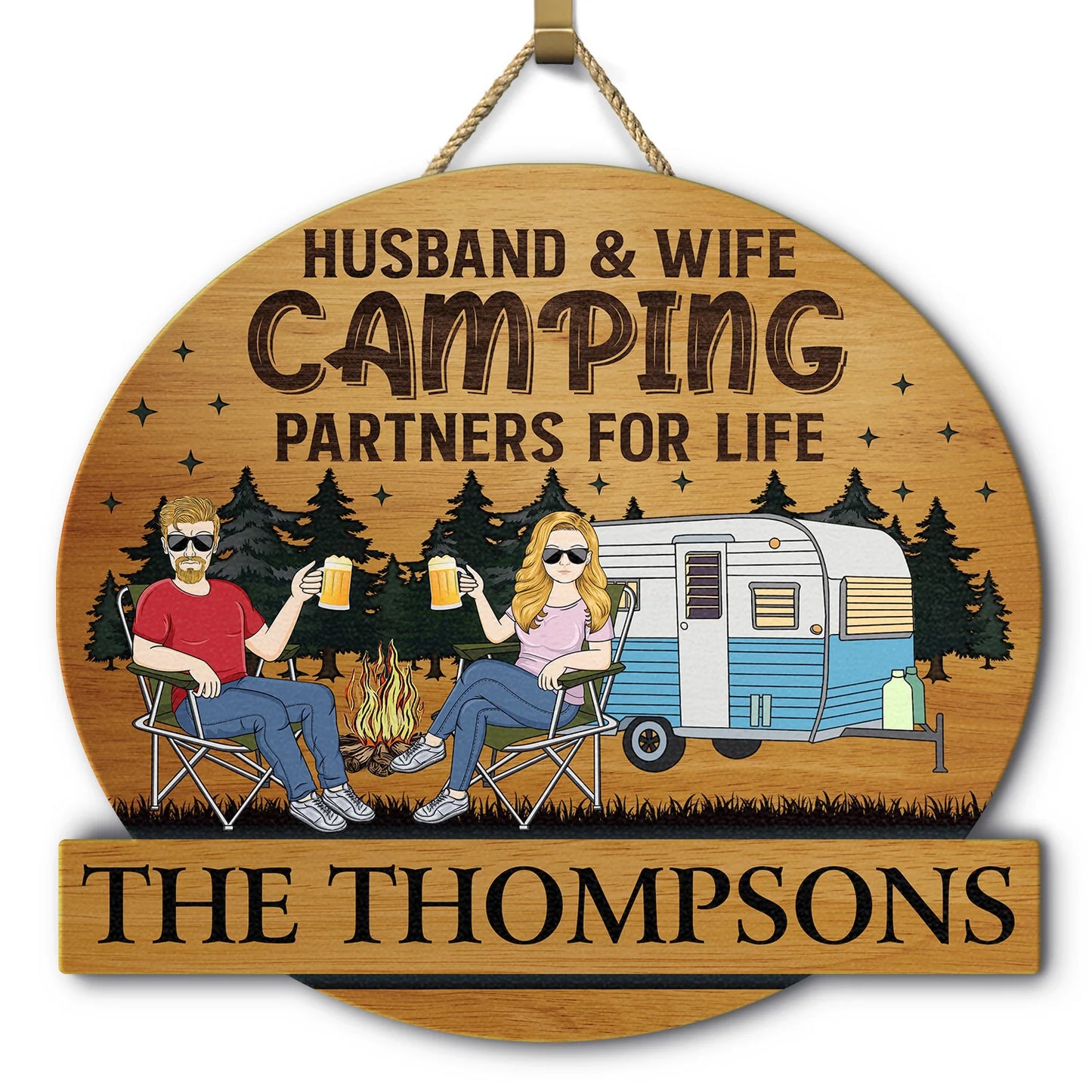 Camping Lover - Couple Husband & Wife Camping Partners For Life - Personalized Custom Shaped Wood Sign