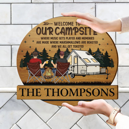 Camping Couple Backside Husband & Wife Camping Partners For Life - Anniversary, Vacation, Funny Gift For Campers - Personalized Custom Shaped Wood Sign