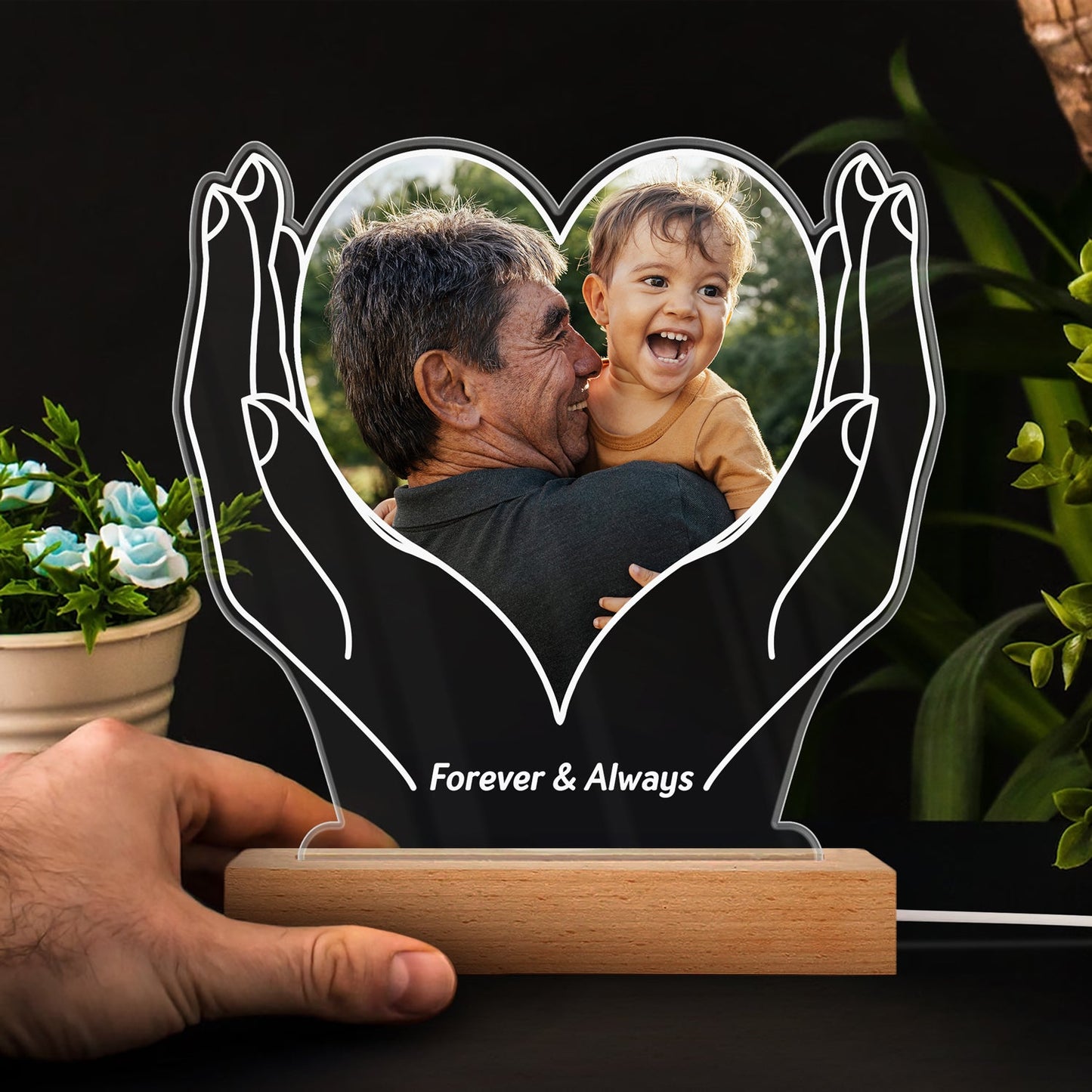 Custom Photo Forever Love - Gift For Mom, Dad, Couples, Besties, Sibling, Dog Lovers, Cat Lovers - Personalized 3D Led Light Wooden Base