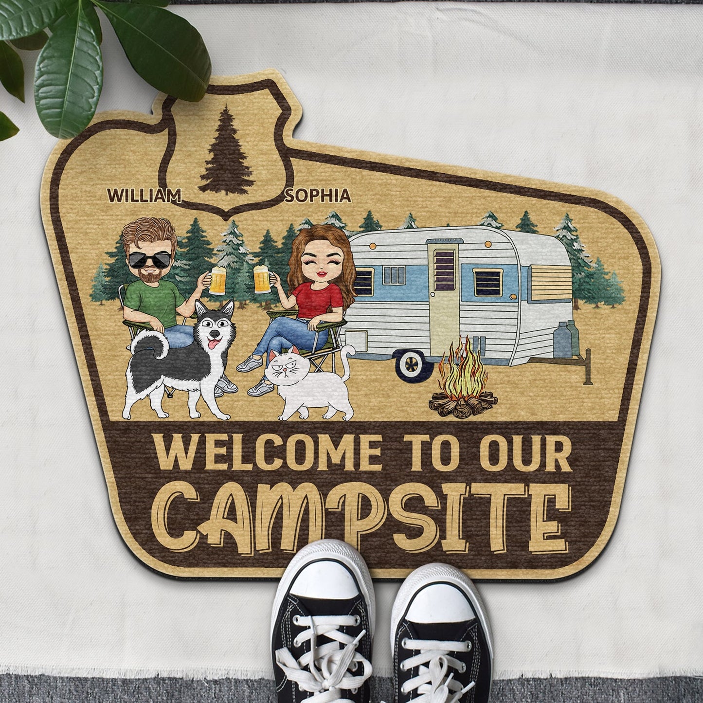 Welcome To Our Campsite - Gift For Camping Lovers, Dog Lovers, Cat Lovers, Couples - Personalized Custom Shaped Doormat