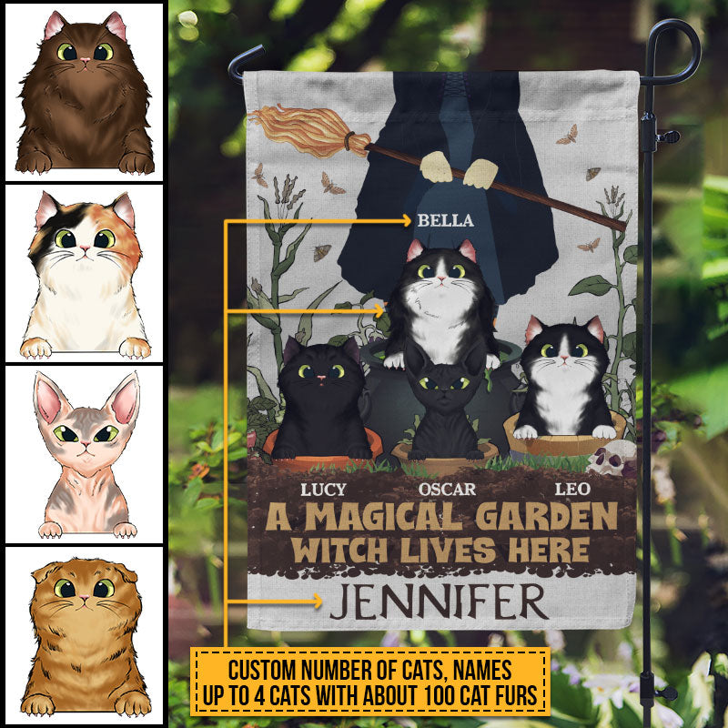 A Magical Garden Witch Lives Here With Cats Custom Flag, Personalized Witch Flag, Cat Garden Decor
