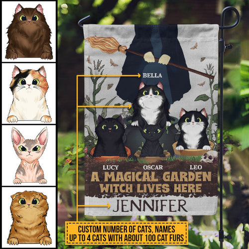 A Magical Garden Witch Lives Here With Cats Custom Flag, Personalized Witch Flag, Cat Garden Decor