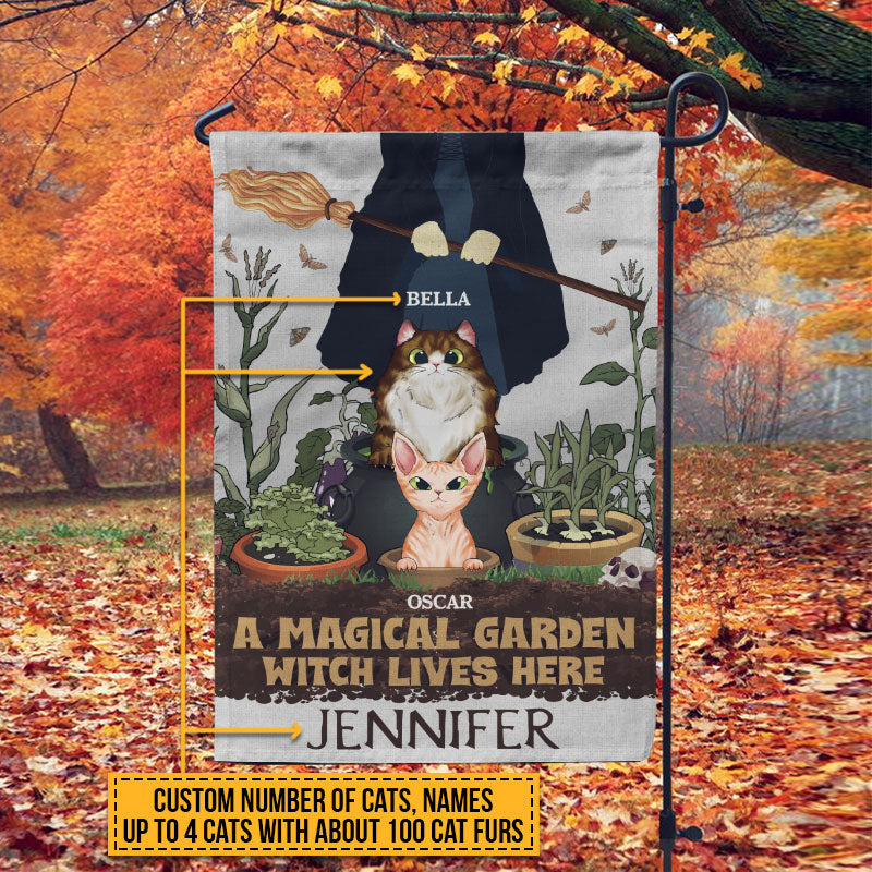 A Magical Garden Witch Lives Here With Cats Custom Flag, Personalized Witch Flag, Cat Garden Decor