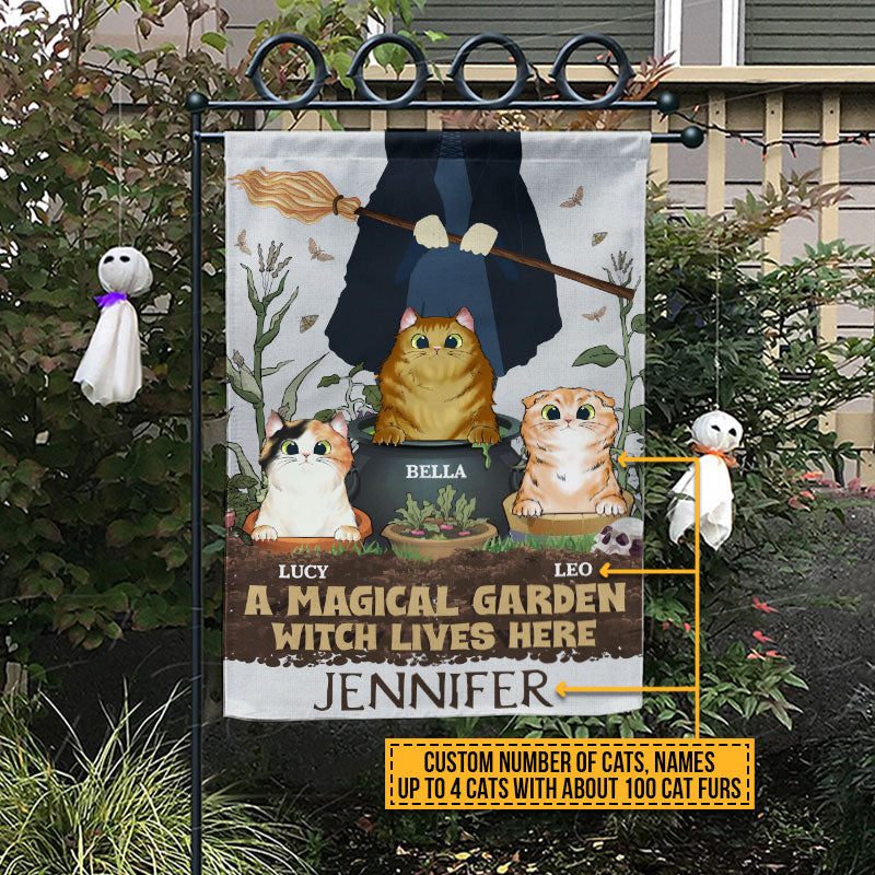 A Magical Garden Witch Lives Here With Cats Custom Flag, Personalized Witch Flag, Cat Garden Decor