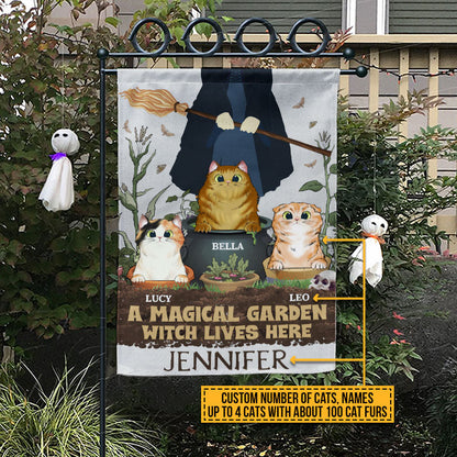 A Magical Garden Witch Lives Here With Cats Custom Flag, Personalized Witch Flag, Cat Garden Decor
