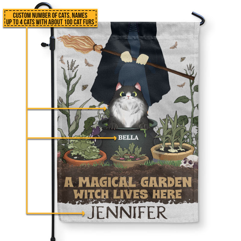 A Magical Garden Witch Lives Here With Cats Custom Flag, Personalized Witch Flag, Cat Garden Decor