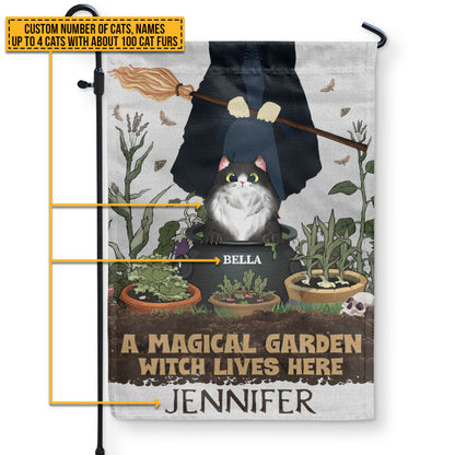 A Magical Garden Witch Lives Here With Cats Custom Flag, Personalized Witch Flag, Cat Garden Decor