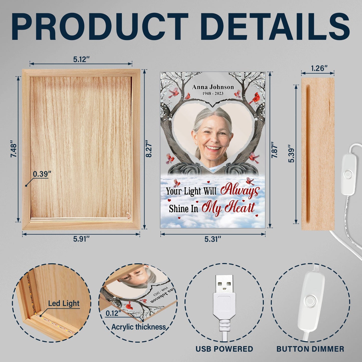 Custom Photo Your Light Will Always Shine - Memorial Gift - Personalized Picture Frame Light Box