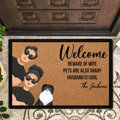 Flat Art Family Beware Of Wife Kids Are Shady - Gift For Family - Personalized Doormat