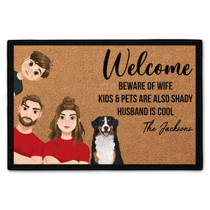 Flat Art Family Beware Of Wife Kids Are Shady - Gift For Family - Personalized Doormat