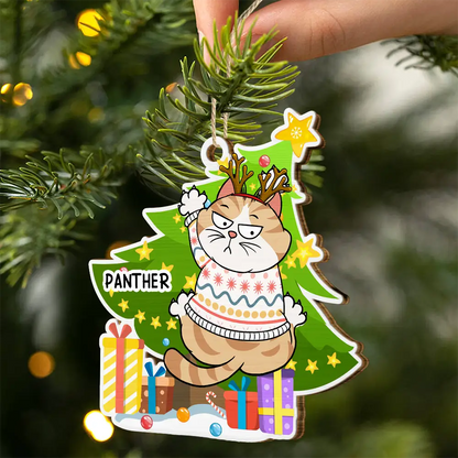 Funny Cats Scratching Christmas Tree - Personalized Custom Shaped Wooden Ornament