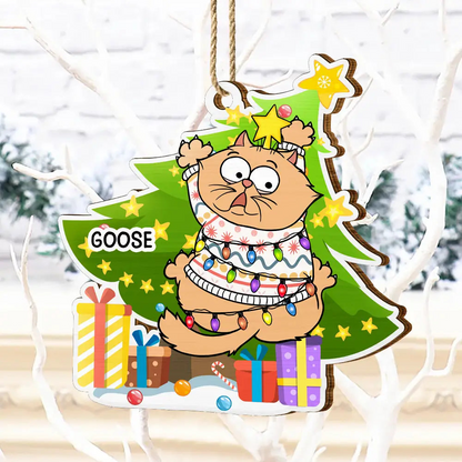 Funny Cats Scratching Christmas Tree - Personalized Custom Shaped Wooden Ornament