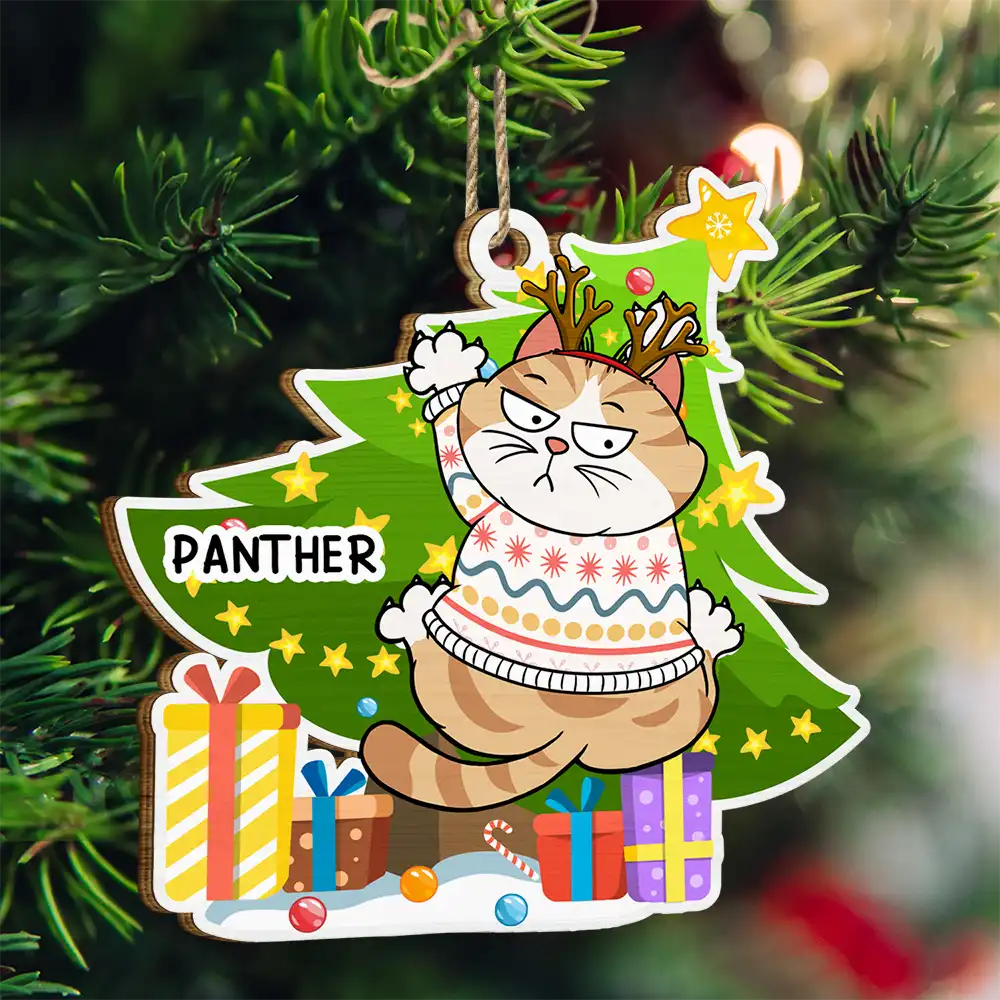 Funny Cats Scratching Christmas Tree - Personalized Custom Shaped Wooden Ornament