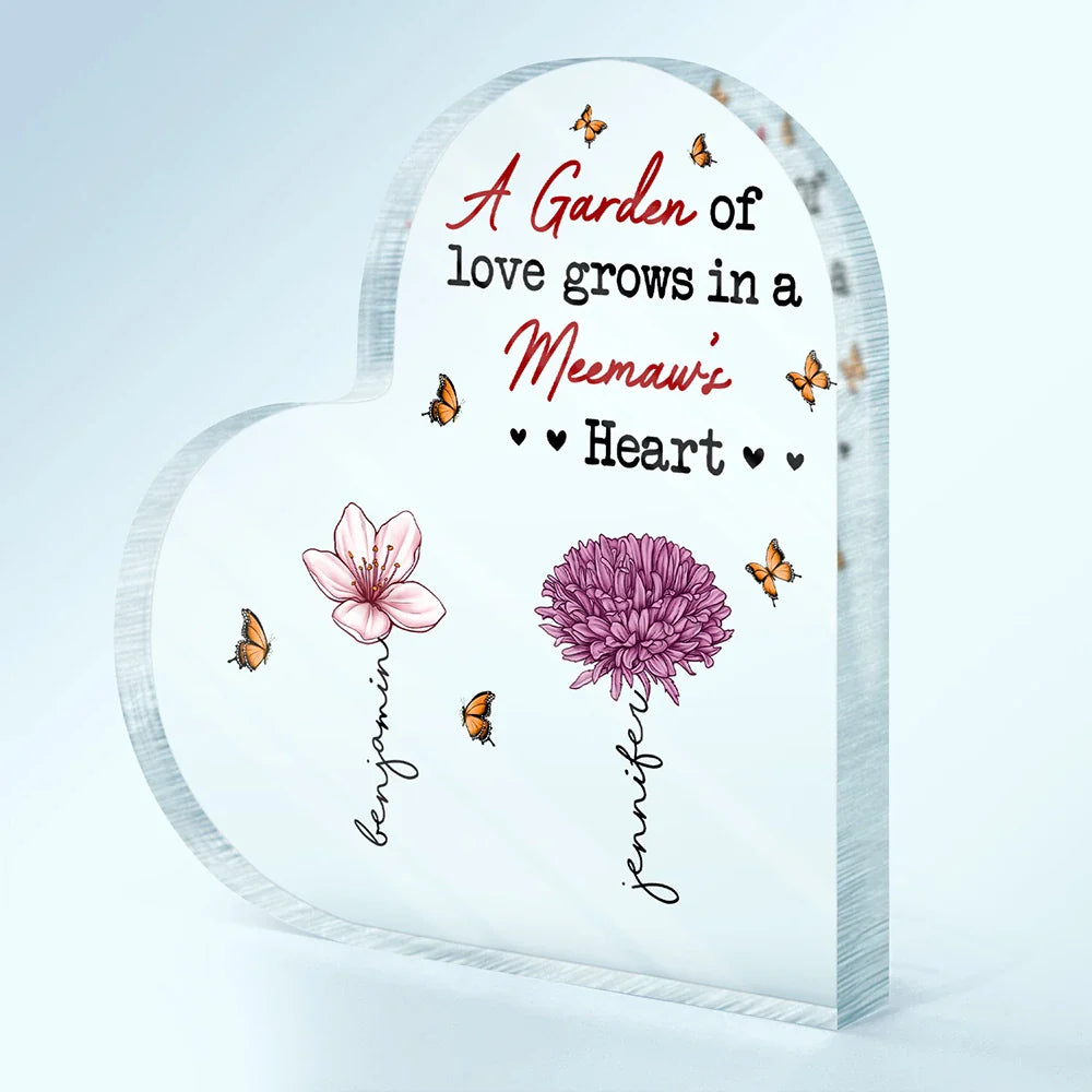 A Garden Of Love Grows In A Grandma's Heart - Personalized Heart Shaped Acrylic Plaque