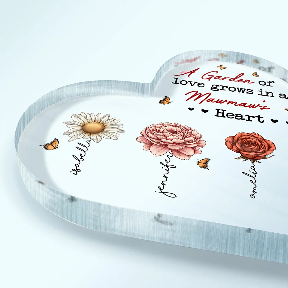 A Garden Of Love Grows In A Grandma's Heart - Personalized Heart Shaped Acrylic Plaque