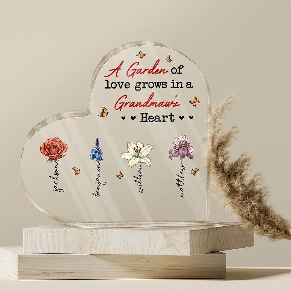 A Garden Of Love Grows In A Grandma's Heart - Personalized Heart Shaped Acrylic Plaque