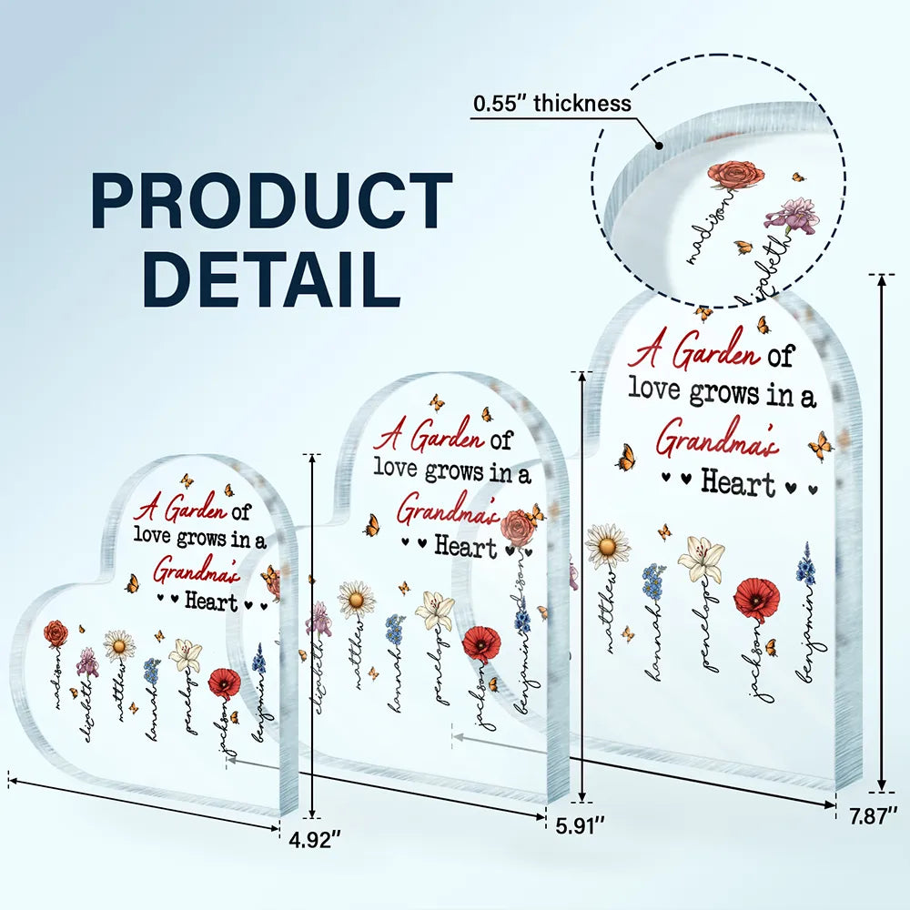 A Garden Of Love Grows In A Grandma's Heart - Personalized Heart Shaped Acrylic Plaque