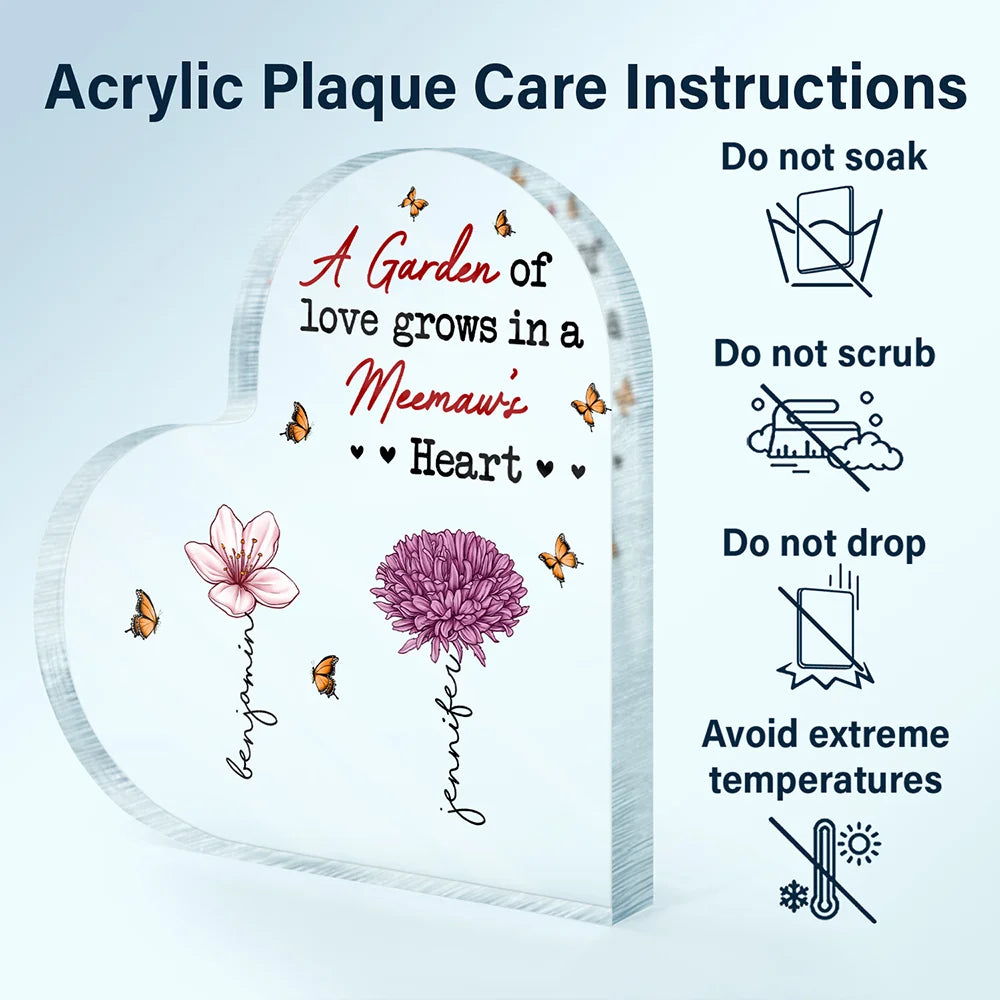 A Garden Of Love Grows In A Grandma's Heart - Personalized Heart Shaped Acrylic Plaque