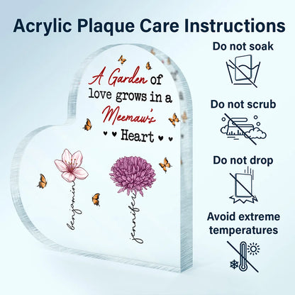 A Garden Of Love Grows In A Grandma's Heart - Personalized Heart Shaped Acrylic Plaque