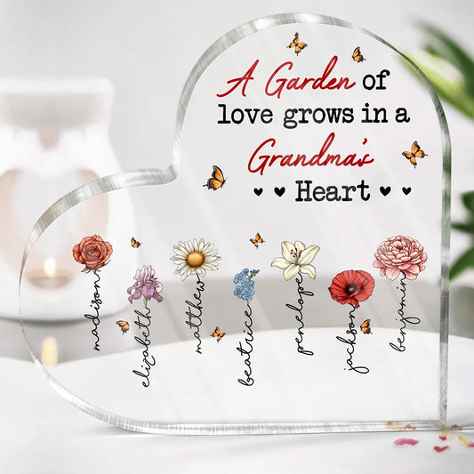 A Garden Of Love Grows In A Grandma's Heart - Personalized Heart Shaped Acrylic Plaque