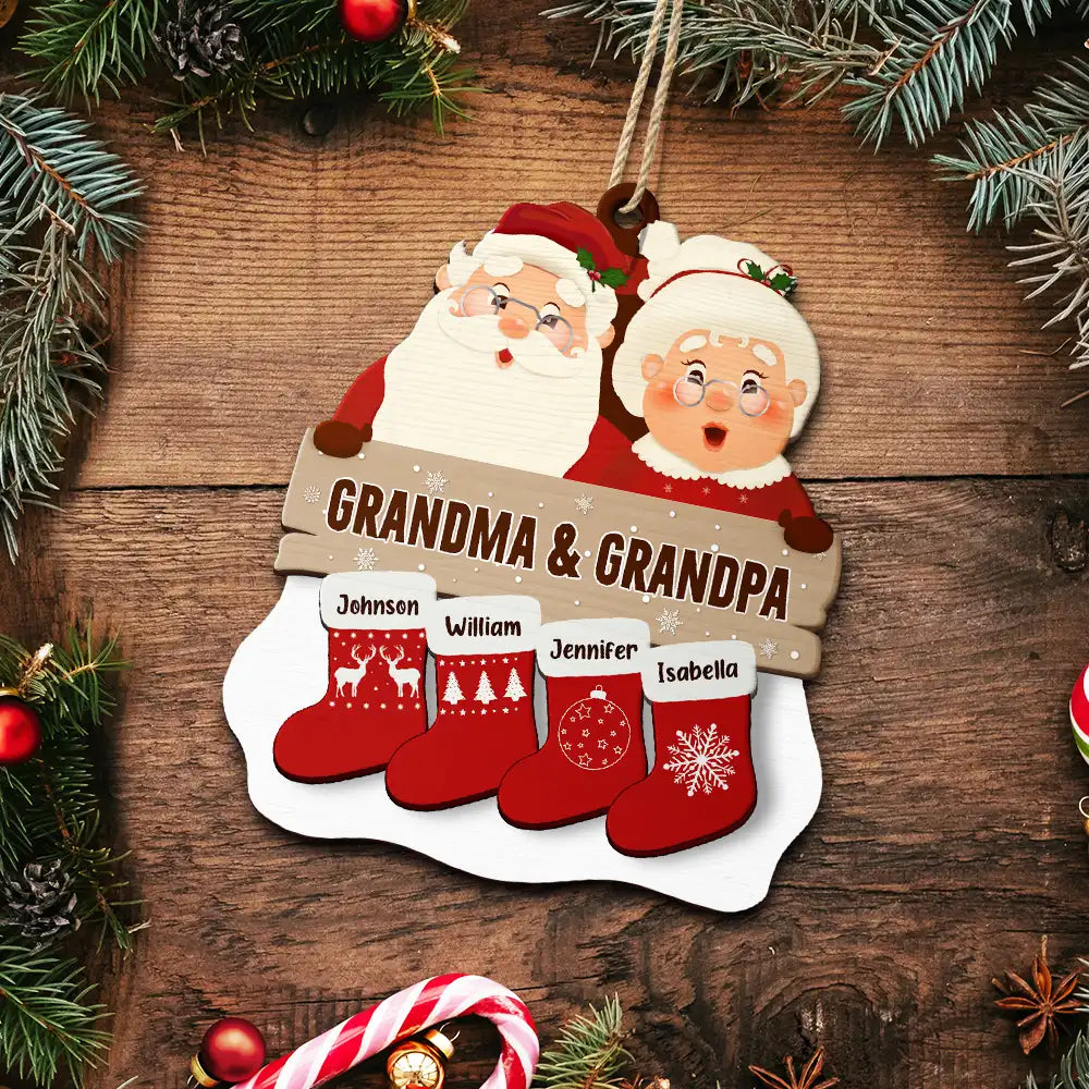 Santa Claus Mrs Claus Grandkids - Personalized 2-Layered Wooden Ornament