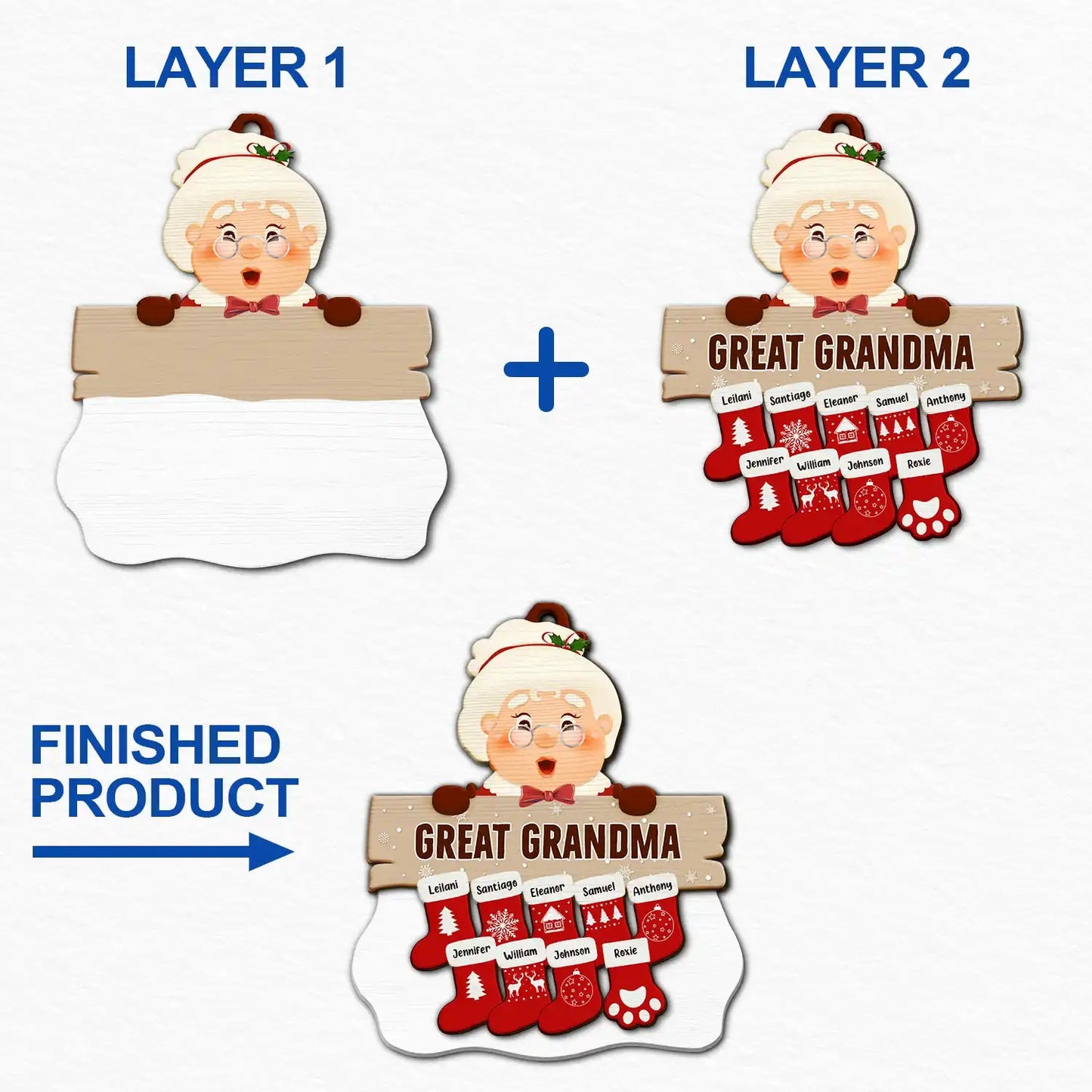 Santa Claus Mrs Claus Grandkids - Personalized 2-Layered Wooden Ornament